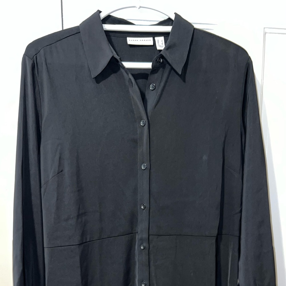 Susan Graver black stretch Peachskin button front tunic shirt Size Large peplum
